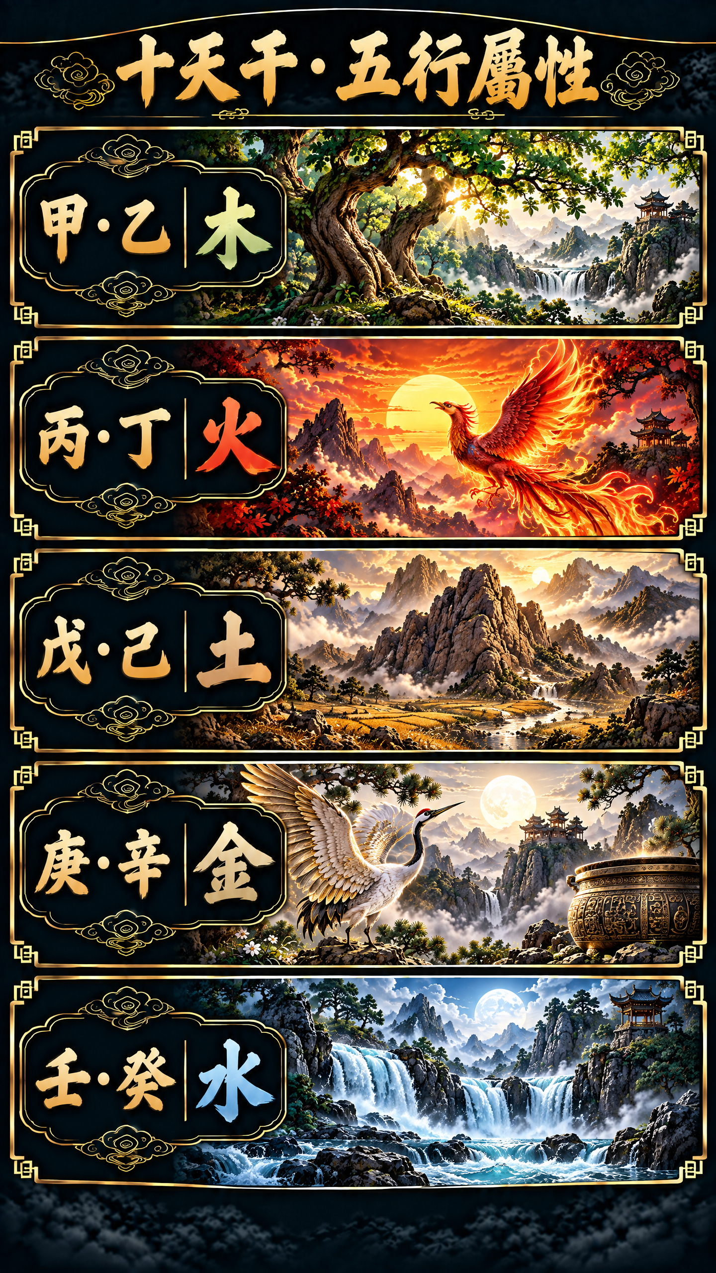黑金風格的十天干與五行對照圖卡，列出甲乙木、丙丁火、戊己土、庚辛金、壬癸水