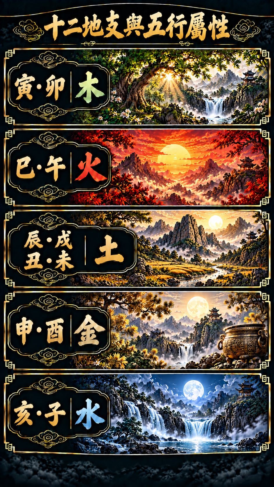 十二地支與五行屬性對照圖卡，分列木、火、土、金、水，其中辰戌丑未歸土